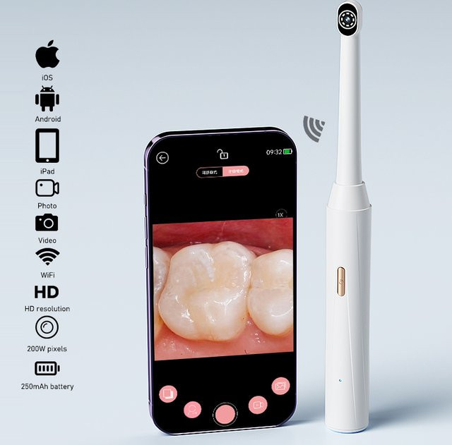 BUMBORN Wireless Oral Kamera 1080P HD Handheld WiFi Endoskop mit 8 LEDs für iPhone, Android und Typ-C in Weiß - Bild 1