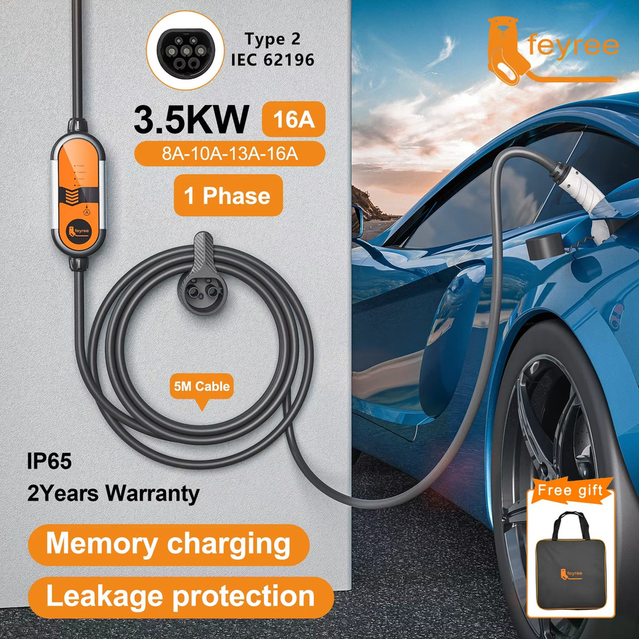 Feyree Tragbares EV-Ladegerät Typ 2 mit 3,5KW und 5m Ladekabel, Einstellbare Stromstärke, Schuko-Stecker, Orange - Bild 6