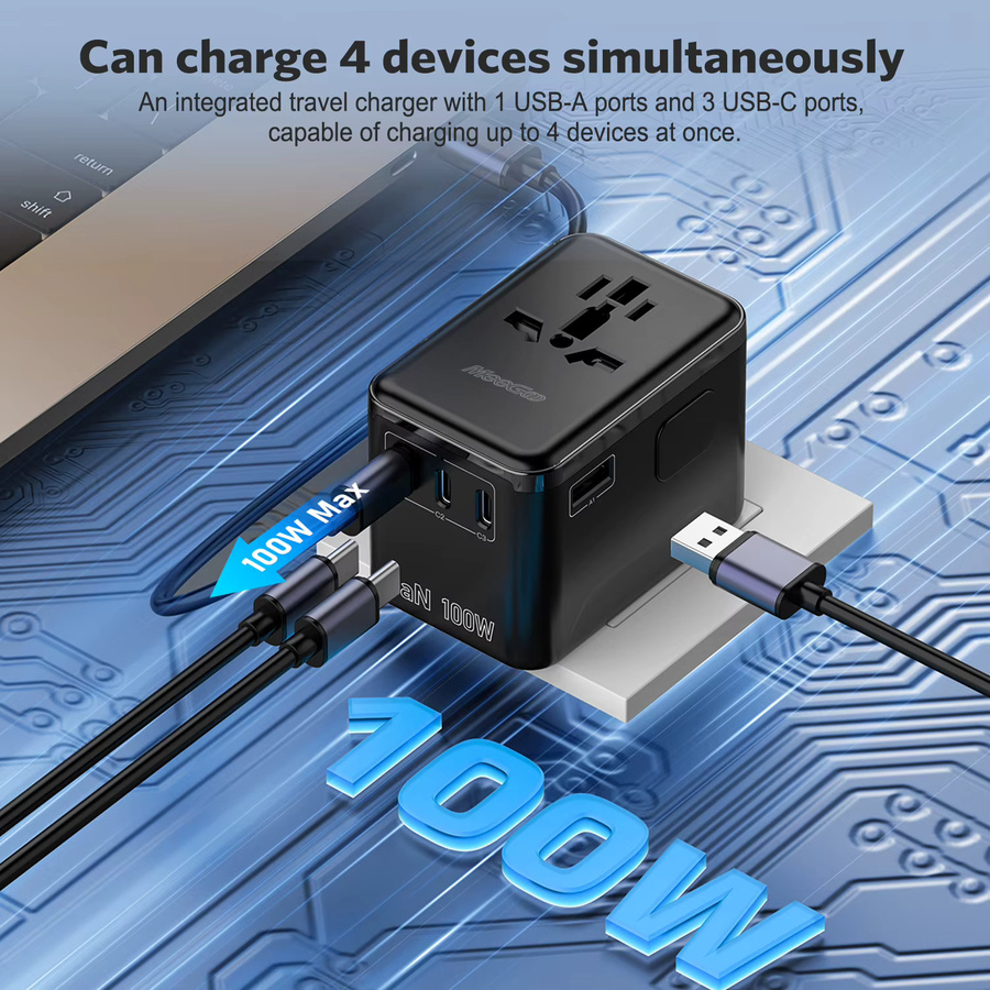 MeeGoo 100W GaN Universal-Reiseadapter in Schwarz mit 1 USB-A und 3 Typ-C Anschlüssen sowie AC Schnell-Ladeadapter für EU, UK, USA und AUS - Bild 2