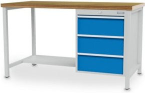 Bedrunka+Hirth Kastenwerkbank mit 3 Schubladen aus Stahlblech und Holz, grau/blau/mehrfarbig, Breite: 150 cm, Tiefe: 75 cm, Höhe: 95,9 cm - Bild 1
