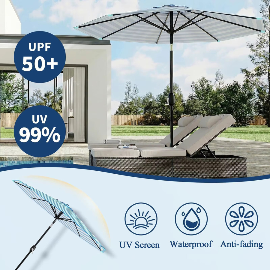 HiMISS Windbeständiger Outdoor-Terrassenschirm mit Neigefunktion und Kurbel in Blau und Weiß, Höhe: 225 cm - Bild 7