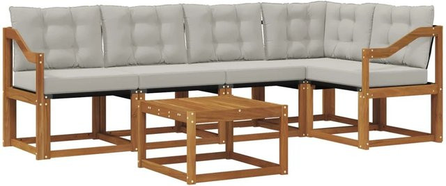 vidaXL Outdoor-Sofagarnitur 6-teilig aus Akazienholz und Textilene in Beige und Grau mit L-Form und Kissen - Bild 1