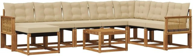 vidaXL Outdoor-Sofagarnitur L-Form aus Akazienholz mit 9 Textilene-Kissen in Natur und Beige - Bild 1