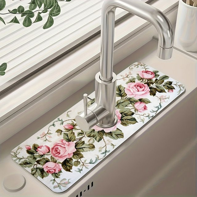 VIKAMA Spülbeckenmatte im Vintage Rosen-Design in Rosa, Abtropfmatte für die Küchenarmatur im französischen Landhausstil - Bild 1
