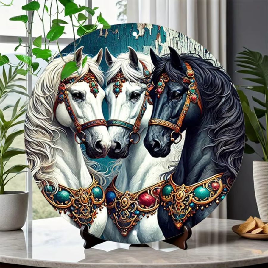 HELLOYOUNG Rundes Aluminium-Metallschild mit Pferd-Motiv im Vintage-Landhausstil zur Wandmontage - Bild 3
