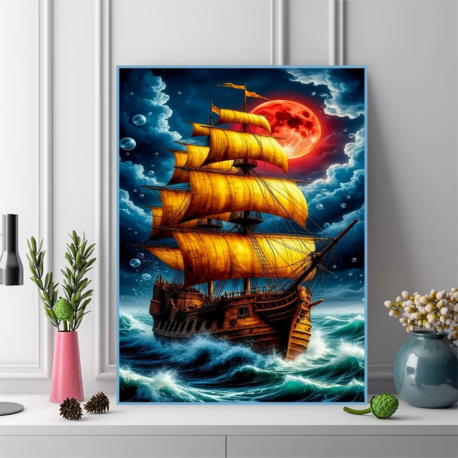 EverShine Diamant-Mosaik Landschaftsgemälde Boot am Meer mit Mond als Vollquadrat-Drill-Stickerei in Mehrfarbig, B/H: 30 x 30 cm - Bild 3