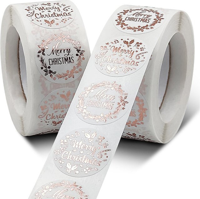 500 Stück TYFYO Frohe Weihnachten Aufkleber in Roségold, selbstklebende Weihnachtsdekoration für Karten und Geschenke, Durchmesser: 2,54 cm - Bild 1