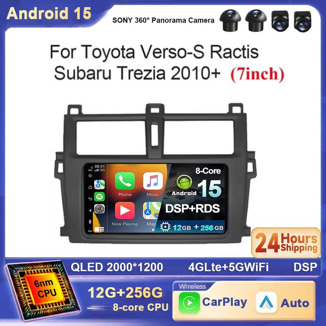 TIEYEZ Android 15 Autoradio mit 7 Zoll Display für Toyota Verso-S, Ractis und Subaru Trezia, Multimedia Video Player mit Carplay, Navigation, GPS, 4G und WIFI, Schwarz - Bild 1