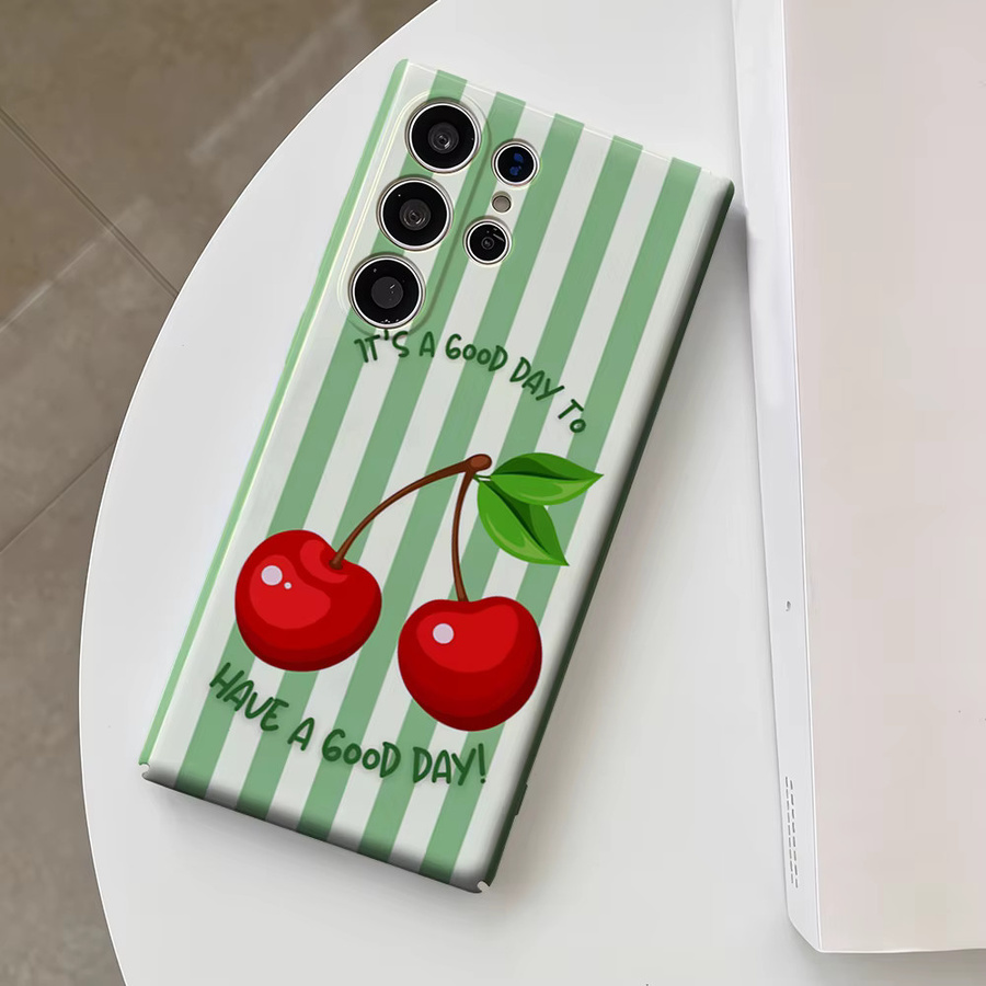 Glänzende Handyhülle mit grünen Streifen und Kirsch-Design für Samsung Galaxy S25 Ultra, S24 und S23 Ultra Plus - Bild 3