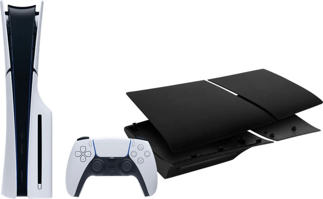 Sony PlayStation 5 Slim Spielkonsole mit Laufwerk und schwarzen Covers in 4K UHD - Bild 1