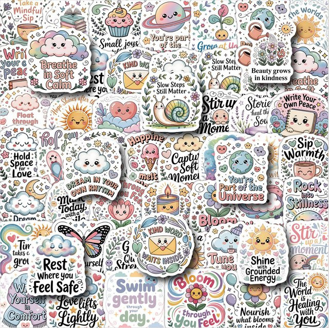 Bunte Cartoon Doodle Vinyl Aufkleber mit englischen Phrasen für DIY Schreibwaren, Notizbücher und Aufbewahrungsboxen, 50 Stück - Bild 1