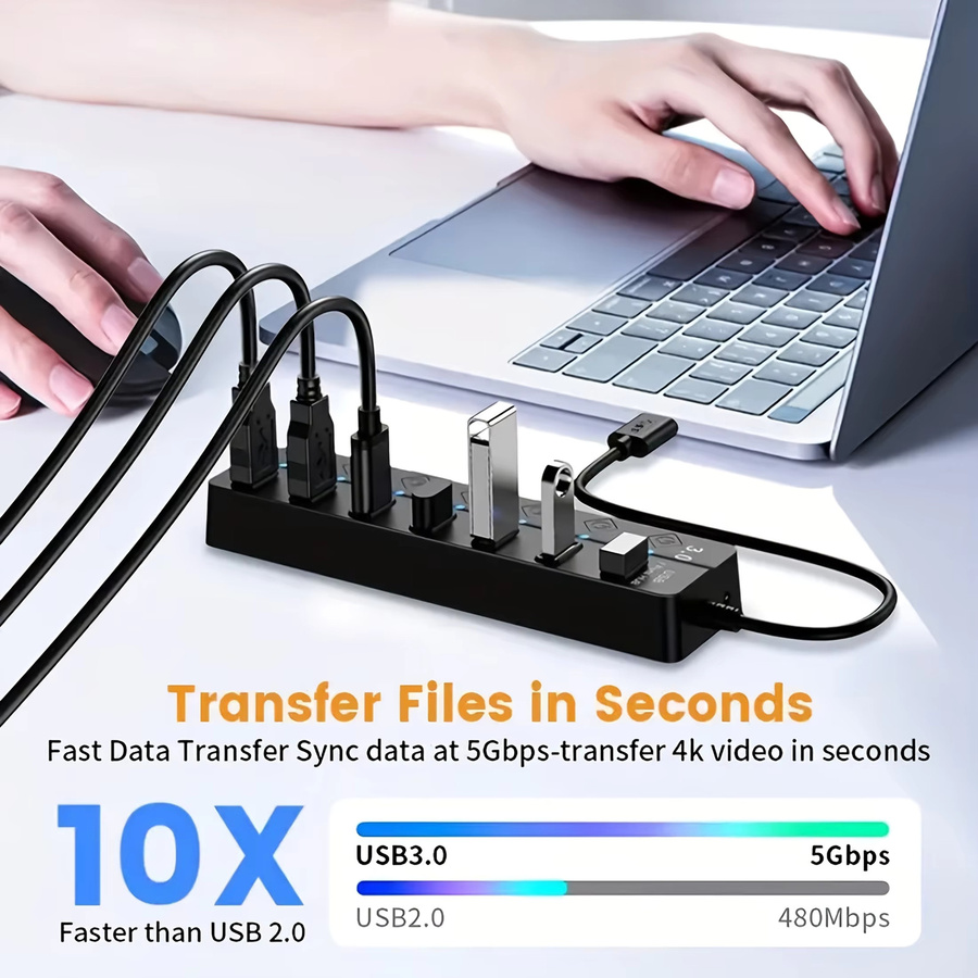 USB 3.0 High-Speed 7-Port-Splitter Computer-Erweiterungs-Hub mit Anti-Burnout-Schutz in Schwarz - Bild 4