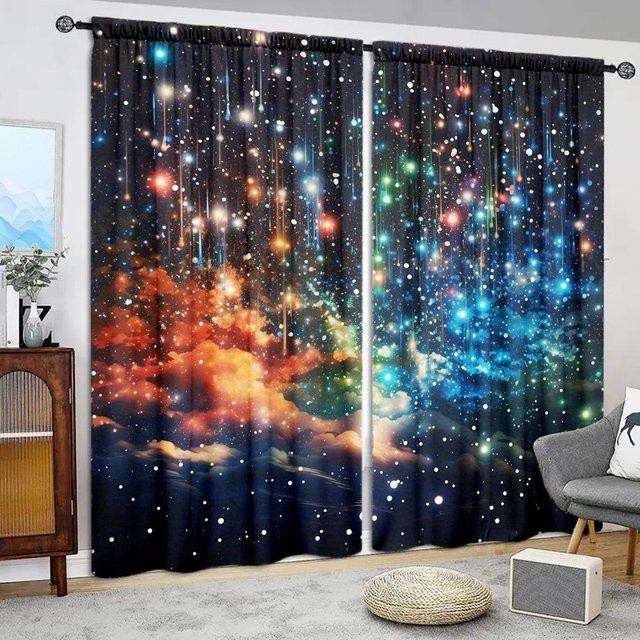 2er-Set Galaxy-Vorhänge mit Sternen-Print in Grau und Multicolour, halbtransparent, B/H: 52,5 x 116 cm - Bild 1