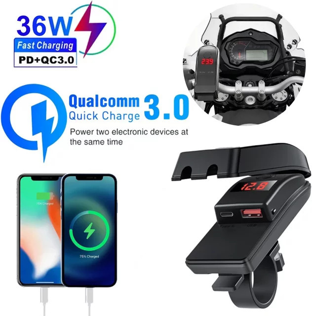 Kebidumei Motorrad USB Schnellladegerät 36W mit USB Typ C Buchse, Voltmeter und Schalter, Schwarz, Wasserdichtes 12V Netzteil Adapter - Bild 1