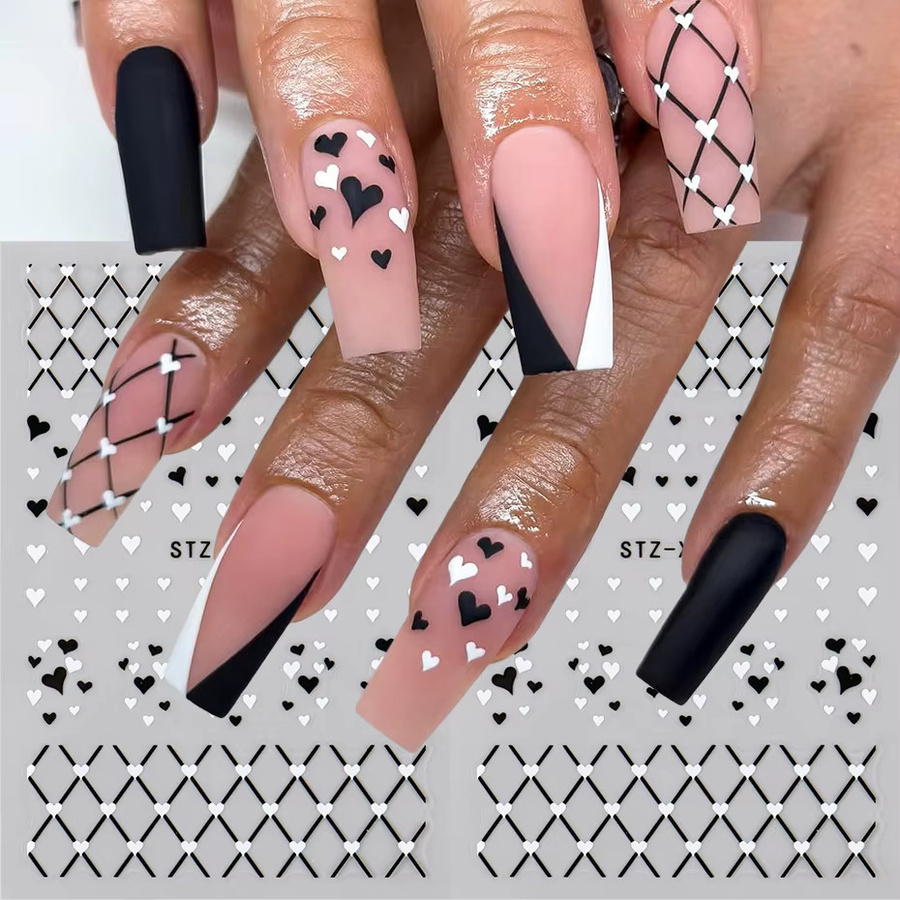 Full Beauty Nagelaufkleber, Schwarz Weiß, Herz und Grid, Matt, Unisex - Bild 2