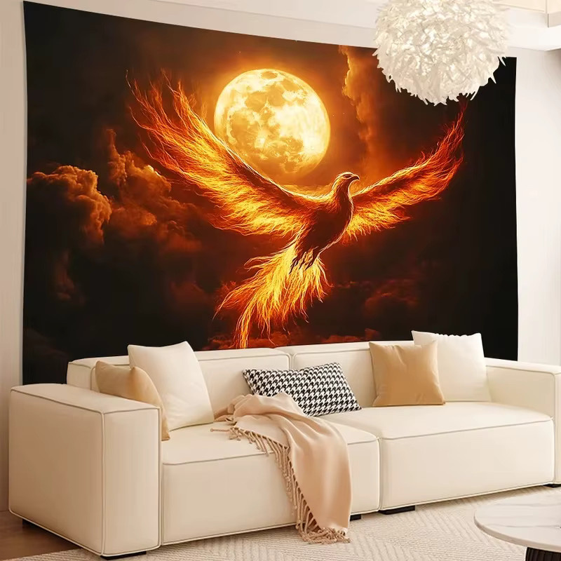 VIKAMA Blaze Phoenix Wandteppich mit Wolkenmustern in Orange im Fantasy-Stil - Bild 2