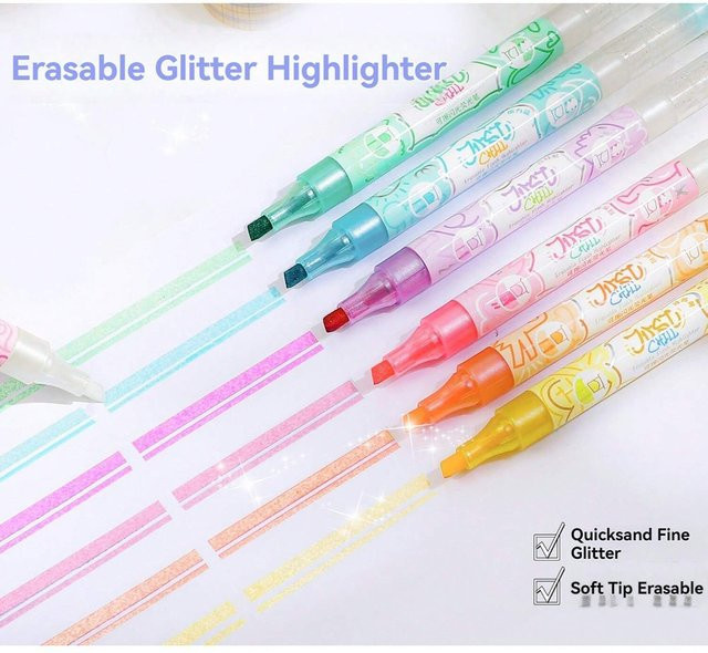 Haile Kawaii Glitzer-Textmarker mit Doppelspitze und Meißelspitze, 6 Stück, Pastellfarben, löschbar - Bild 1