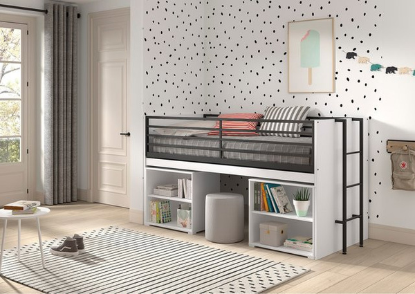 Vipack SAM halbhohes Bett mit ausziehbarem Schreibtisch und 2 Regalen in Weiß Melamin Dekor, Liegefläche 90 x 200 cm