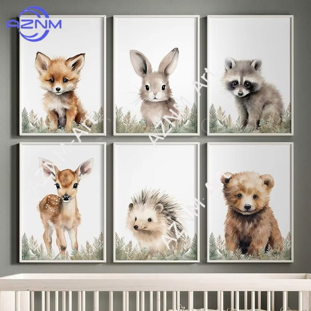 AZNM Leinwand Wandkunst mit niedlichen Waldtieren wie Fuchs, Hase, Bär und Rehling für die Babyzimmer Dekoration, Mehrfarbig - Bild 1