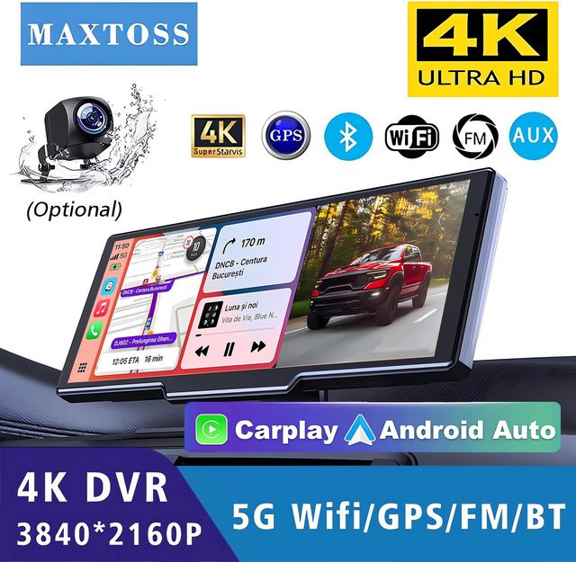 Maxtoss Dashcam 4K Rückspiegelkamera mit Android Auto, Apple CarPlay, GPS und 5G WIFI in Schwarz - Bild 1