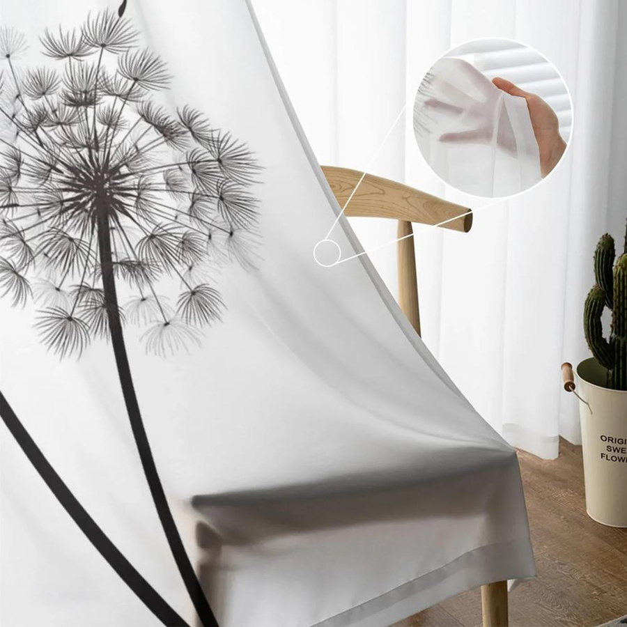 Yiran Furniture Transparentes Tüll-Fensterdekoration mit Löwenzahn-Motiv in Schwarz-Weiß, Organza-Gardine mit Ösen, Breite: 135 cm, Höhe: 115 cm - Bild 2