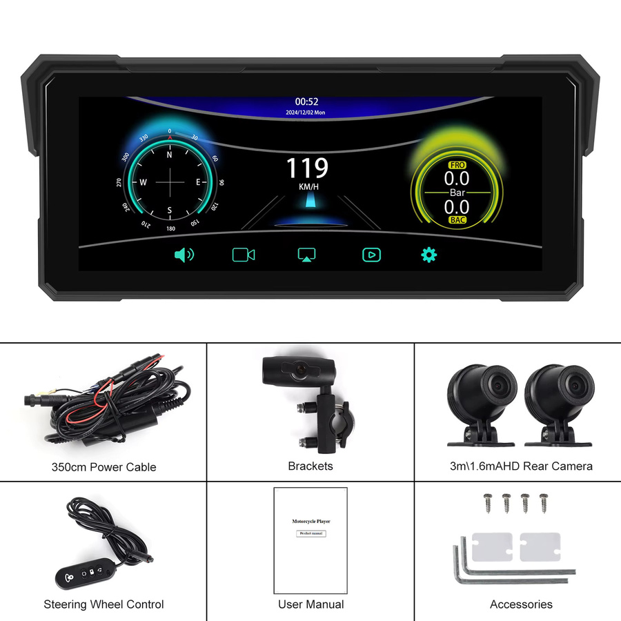 Podofo Tragbarer Motorrad-Monitor mit 8,1 Zoll Display, Kabelloses CarPlay und Android Auto, IP68 Wasserdicht, DVR mit 2 Kameras, Schwarz - Bild 6
