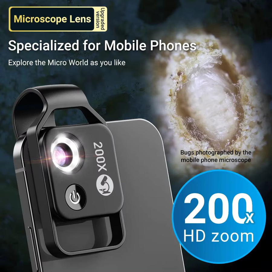 APEXEL 200X Taschenmikroskopobjektiv mit CPL-Filter und LED-Licht in Schwarz für iPhone 15, 13, 14 und Samsung Smartphones - Bild 2