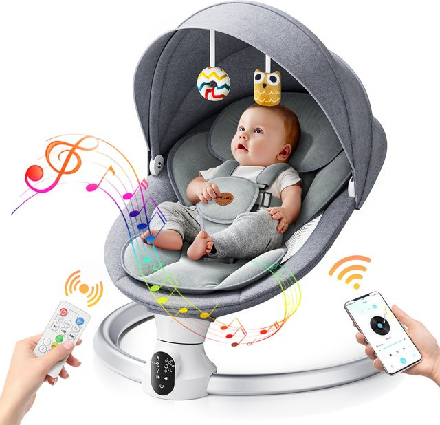 Elektrische Babywiege als Baby-Schaukelstuhl mit 10 Melodien und 5-Punkt-Sicherheitsgurt, Schwarz-Grau, für 0-6 Monate - Bild 1