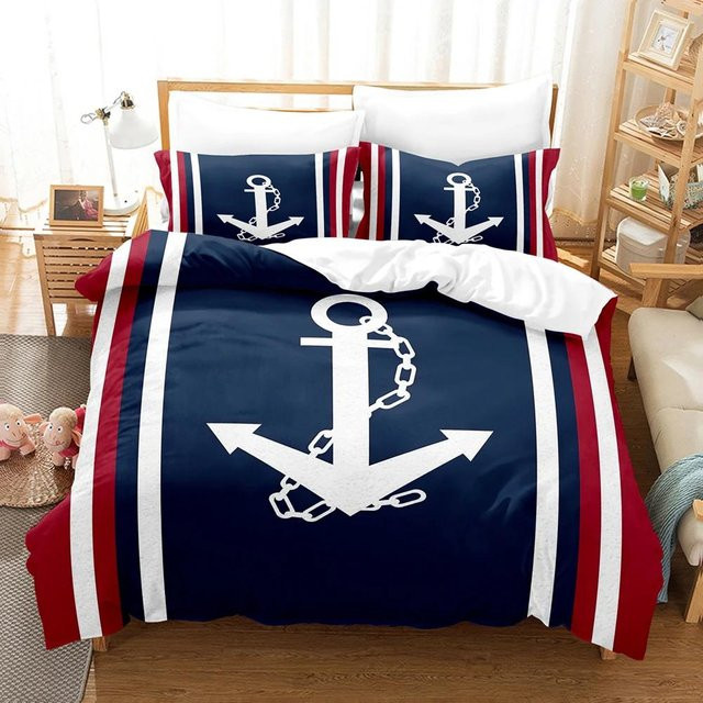 Nautisches Bettwäsche-Set mit Anker- und Segelschiff-Print in Blau, Microfaser, B/H: 140 x 210 cm - Bild 1