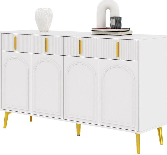 okwish Sideboard in Weiß mit 4 Türen und 4 Schubladen sowie Goldgriffen, B/T/H: 140 x 38 x 82 cm - Bild 1
