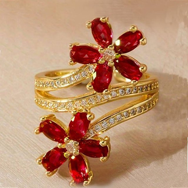 Huitan Blumenring, Gold, roter Zirkonia, Damen - Bild 1