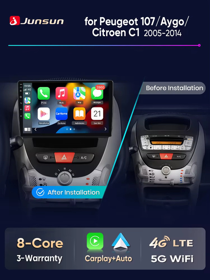 Junsun Android Auto Autoradio mit 10.0 Zoll IPS Touchscreen und Wireless Apple CarPlay für Peugeot 107, Toyota Aygo und Citroen C1 (2005-2014), Schwarz, 2 Din Multimedia Head Unit - Bild 4