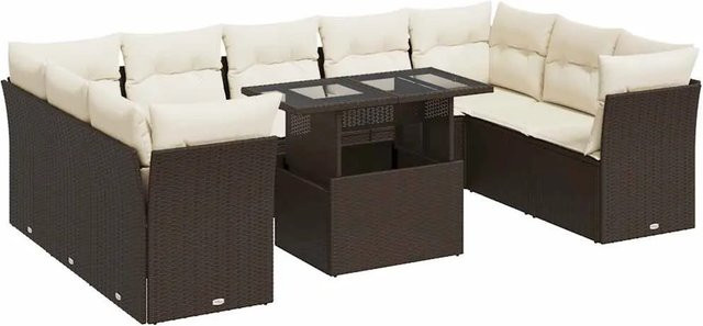 vidaXL 10-teilige Garten-Sofagarnitur aus Poly-Rattan in Braun mit Kissen und Glastisch - Bild 1