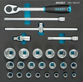 Hazet Steckschlüssel-Satz 163-102/27 mit 26 Werkzeugen, 1/2 Zoll Vierkant, Außen-Sechskant-Tractionsprofil, Farbe Silber - Bild 1