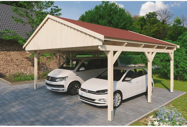Skan Holz Carport Fichtelberg aus Fichte und Leimholz in Beige mit spitzer Dachform, B/T: 618 x 566 cm, Höhe: 362 cm - Bild 1
