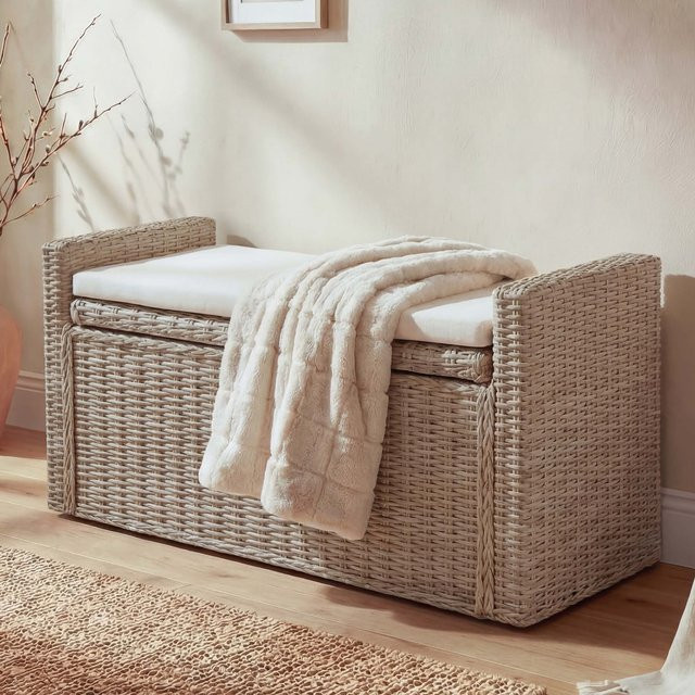 Garderobenbank Genua von MCW aus Kubu Rattan mit Stauraum und Kissen in Grau/Beige, Breite: 88 cm - Bild 1