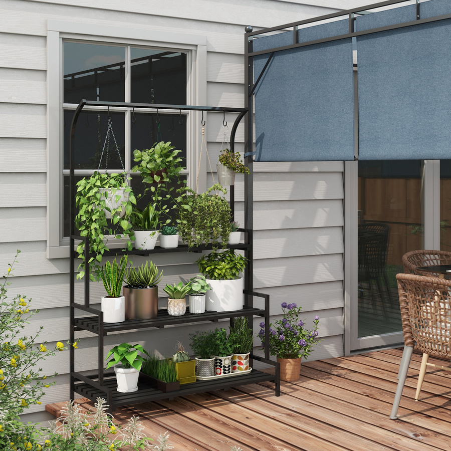 Outsunny Pflanzenständer Blumenständer mit 3 Ebenen und 6 Haken aus Stahl in Schwarz, H x B x T: 170 x 50 x 110 cm für Garten und Balkon - Bild 2