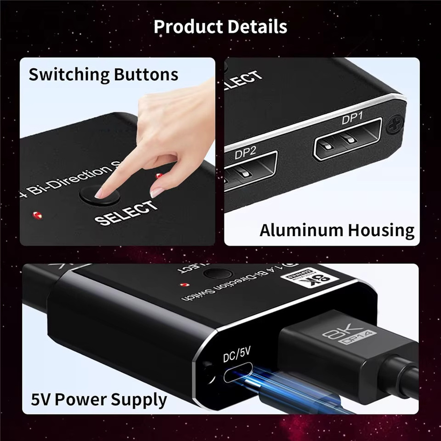 Navceker DisplayPort Switch 2-in-1-out 8K und 4K 120Hz DP-Umschalter mit IR-Fernbedienung, Schwarz - Bild 5