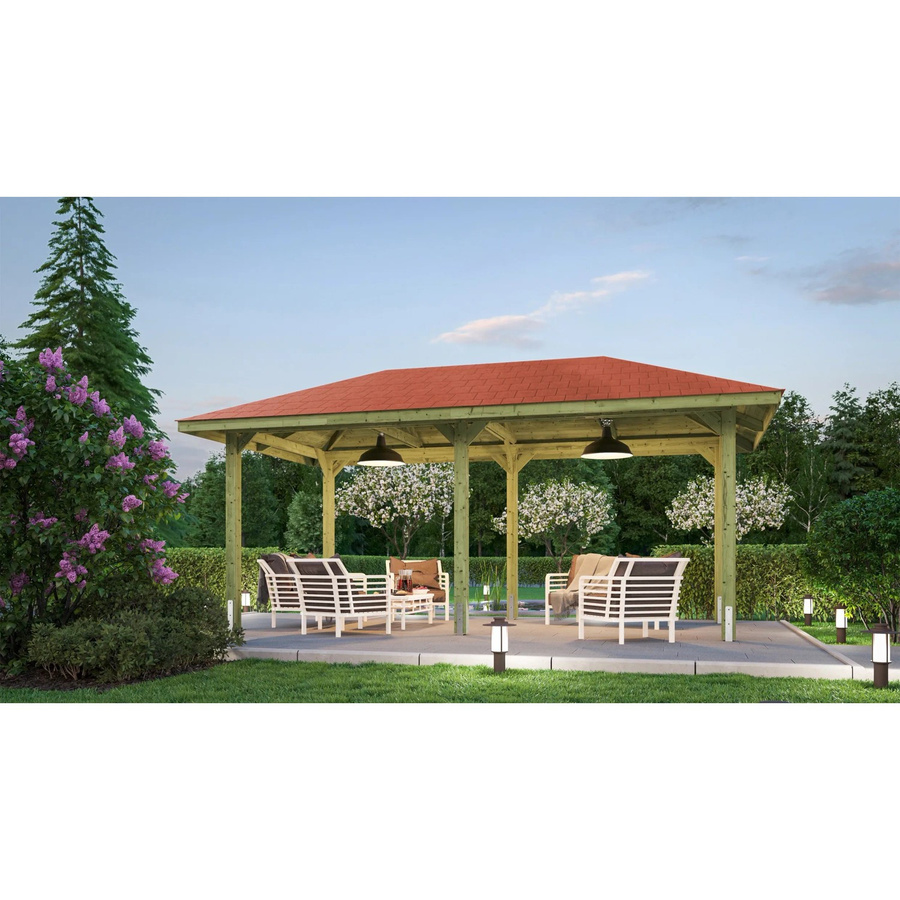 Weka Pavillon Gartenoase 651 B Sparset aus Massivholz mit Satteldach und Dachschindeln in Braun, B: 584 cm, T: 333 cm, H: 291 cm - Bild 2
