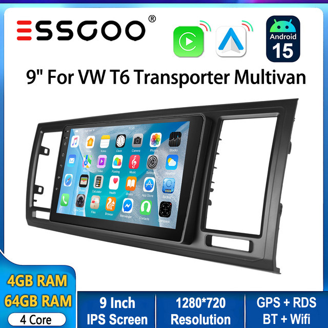ESSGOO Android 15 Autoradio mit 9 Zoll Display, 64GB Speicher, kabelloses CarPlay, GPS, WLAN, Bluetooth und Mirror Link für VW T6 Transporter Multivan, Schwarz - Bild 1