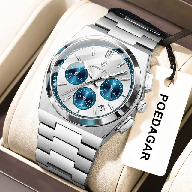 POEDAGAR Armbanduhr Chronograph, Quarz, Edelstahl, Blau, Herren - Bild 1