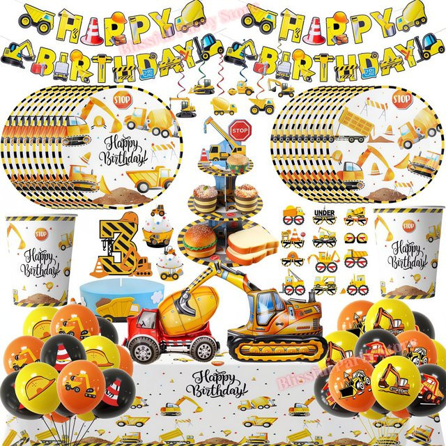 Potdemiel Baustellen-Party-Dekorationsset mit Bagger und Traktor in Multicolour für Kindergeburtstage und Babypartys - Bild 1