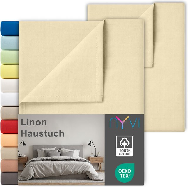 NYVI Linon Deluxe Bettlaken Set aus 100% atmungsaktiver Baumwolle ohne Gummizug, Farbe: Beige, B/T: 240 x 260 cm, 2er Set - Bild 1