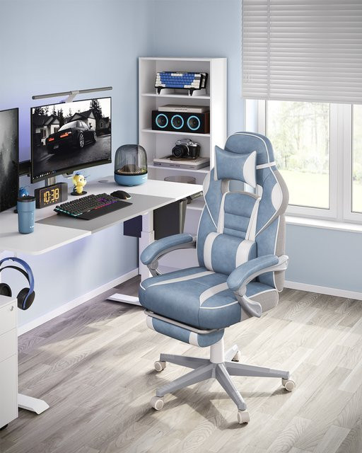 Ergonomischer SONGMICS Bürostuhl in Blau mit ausziehbarer Fußstütze, Kopfkissen und Lendenkissen für dein Home-Office - Bild 1
