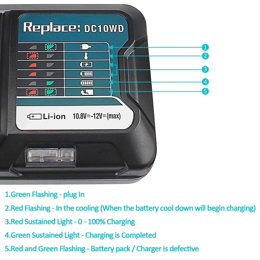 Makita DC10WD Li-Ion Akku Schnellladegerät für 10,8 V und 12 V Werkzeuge mit LED-Anzeige, 40 W und 3 A - Bild 5