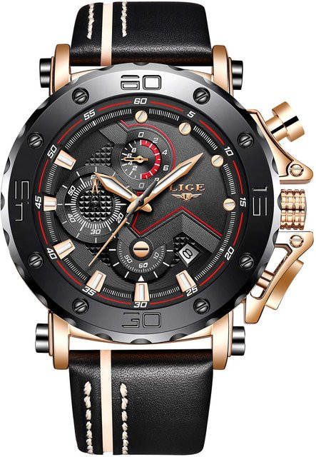LIGE Armbanduhr, Leder, Schwarz, Quarz, Herren - Bild 1