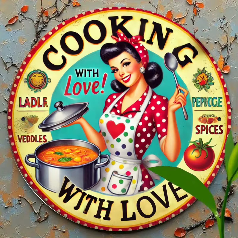 Rundes Metallschild HELLOYOUNG Cooking with Love Wanddekoration in Multicolour mit Retro-Design und Herz-Motiven, Durchmesser: 20 cm - Bild 5