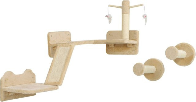 PawHut Katzen Kletterwand Set beige Plüsch mit integriertem Spielzeug und Sisal, B/H/T: 56 x 73 x 110 cm - Bild 1