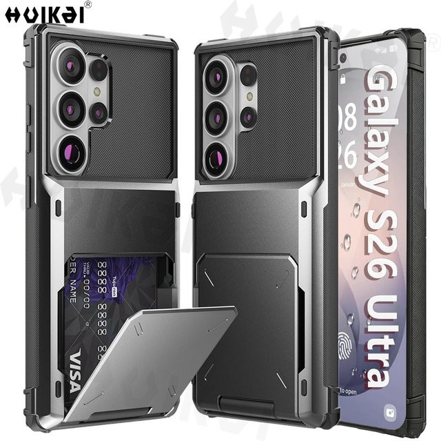 Robuste Schutzhülle für Samsung Galaxy S26 Ultra S25 S24 S23 mit Kartenhalter und verstecktem Klappschlitz als Brieftasche in Schwarz oder Blau - Bild 1