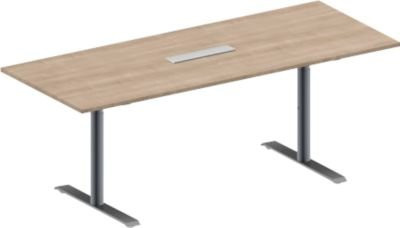Schäfer Shop Genius Konferenztisch MODENA FLEX in Eiche-Dekor und Weißalu mit 6-fach Anschluss und T-Fuß Rundrohr, B: 200 cm, T: 80 cm, H: 65-85 cm - Bild 1